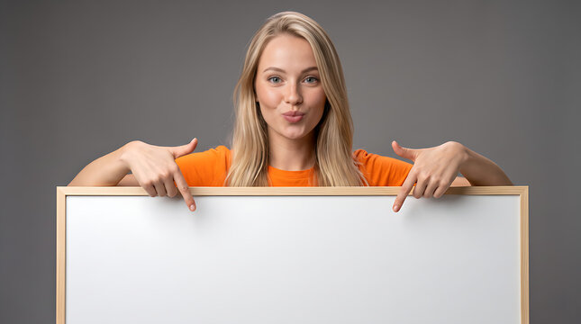 Playful Young Woman Pointing Down at Blank White Sign Board on Gray Studio Background, Female Presenting Empty Copy Space for Advertising, Marketing, Promotion and Announcement Concept