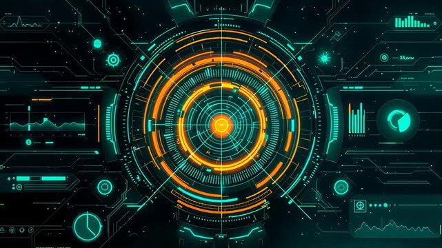 futuristic hud interface with neon orange rings and blue digital dashboard