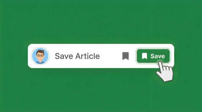 Hand clicking save article button on green background