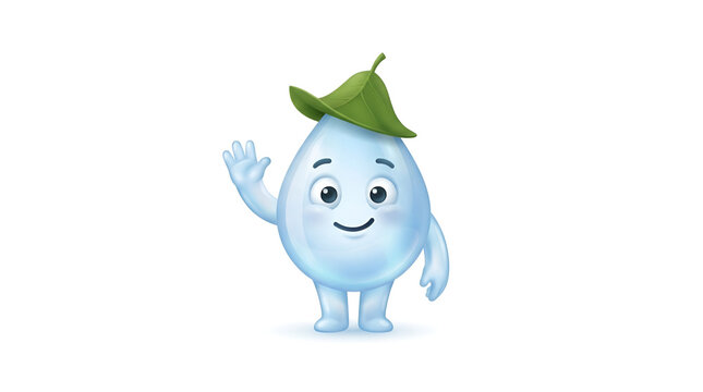 Friendly smiling waterdrop vector mascot wearing leaf hat waving