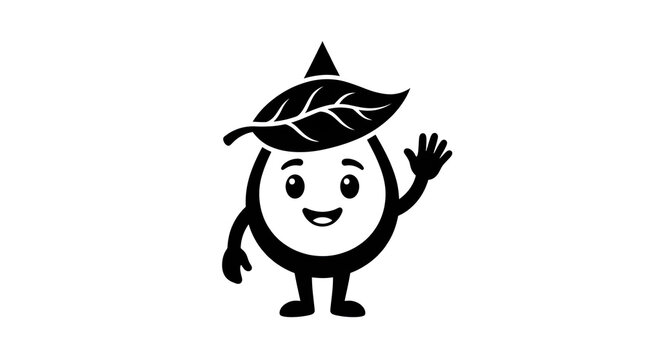 Friendly waterdrop vector mascot with leaf hat waving hello