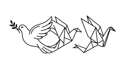 Obraz premium Line art illustration featuring a stylized dove and an origami crane flying together.