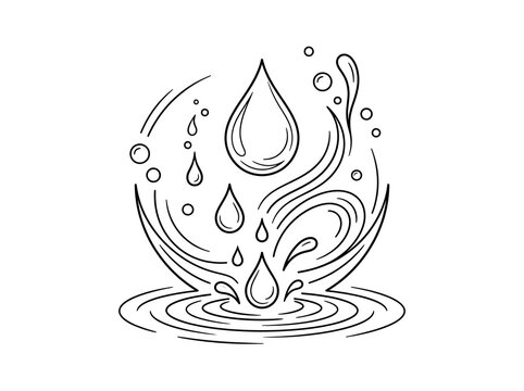 Minimalist waterdrop vector line art with splash ripples