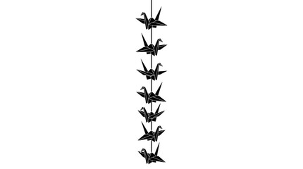 Fototapeta premium A vertical string of seven black origami paper cranes hanging against a plain white background.