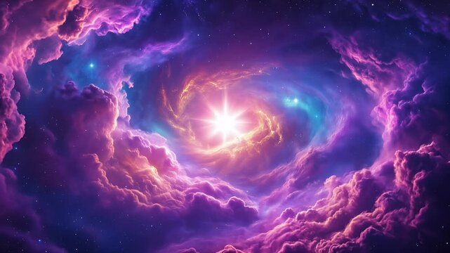 nebula galaxy swirl in space with bright center purple blue orange clouds