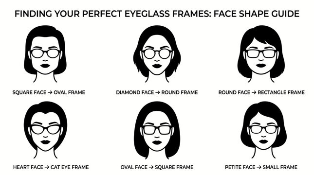 Face Shape and Eyeglass Frame Style Guide Illustration.