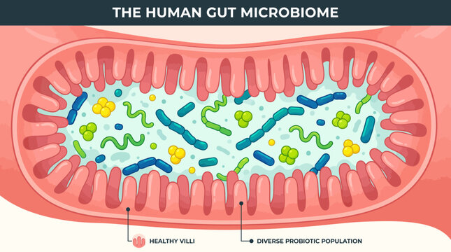 Illustration of the human gut microbiome showing intestinal villi and bacteria.
