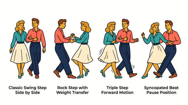 Illustration showing vintage couple performing swing dance steps.