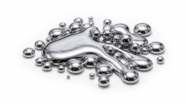 Shiny liquid mercury droplets and blobs of quicksilver metal scattered on a plain white surface background