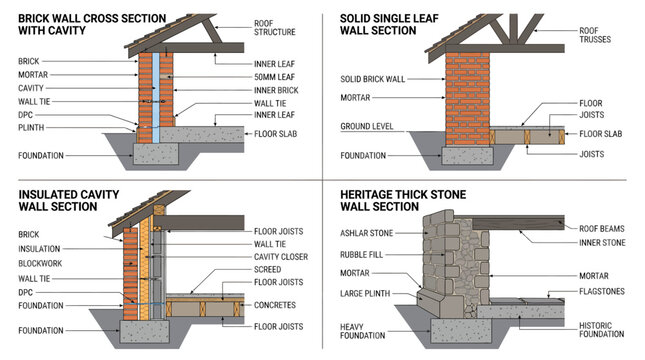 Architectural cross section diagrams showing various wall construction types.