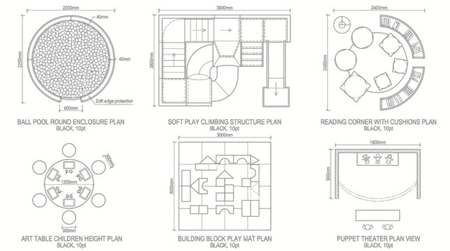 Architectural floor plan diagrams for school and classroom furniture layout.