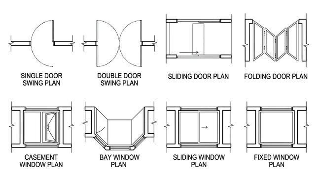 Architectural floor plan symbols for various door and window types.