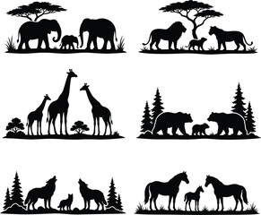 Set of 6 animal family silhouettes - elephant mother father baby with acacia tree, lion family pride, giraffe parents with calf © Netsolbiz