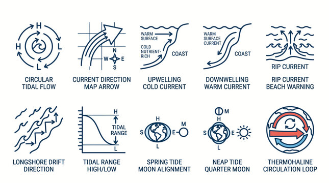 Oceanography and Tidal Dynamics Educational Icons Set.