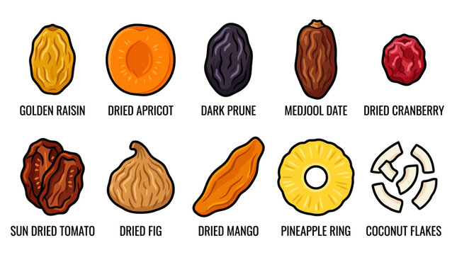 Collection of various dried fruits and vegetables isolated on white background.