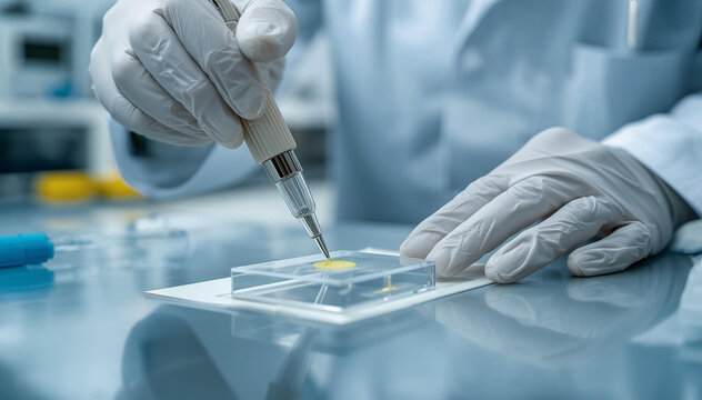 Scientist Pipetting Sample in Laboratory | Gloved Researcher Testing Liquid on Lab Plate | Medical Research and Biotechnology Analysis