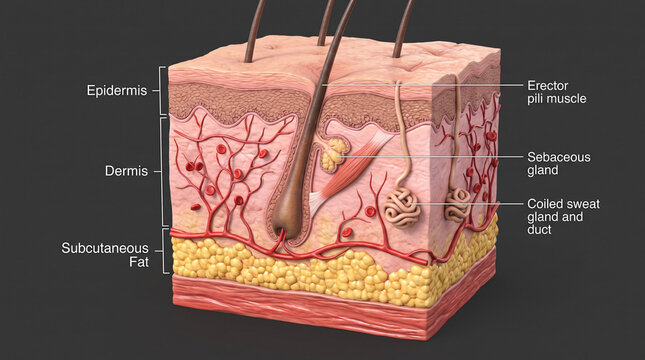 3D medical illustration of human skin cross section showing layers and structures with labels.