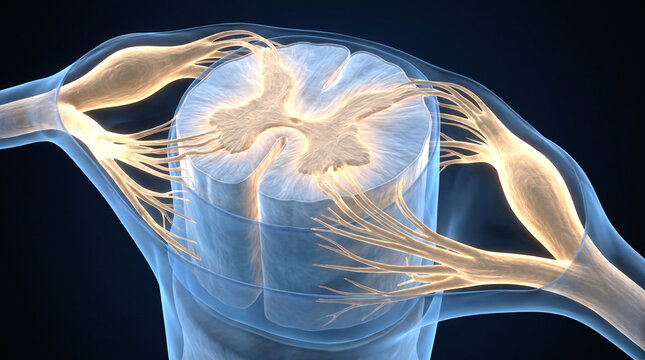 3D medical illustration of a spinal cord cross section showing nerve roots and grey matter.
