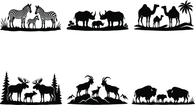 Set of 6 wild animal family silhouettes - zebra mother father baby foal, rhinoceros family with calf, camel desert family 