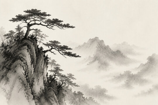 Pine tree on cliff overlooking misty Chinese mountains