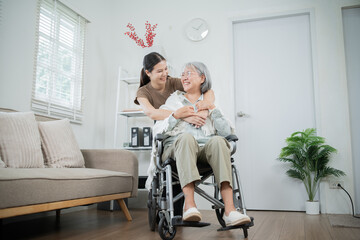 Fototapeta premium Compassionate doctors and nurses care for elderly Asian patients, providing treatment, rehabilitation, healthcare, and support to aid their recovery, while building trust and offering warm,