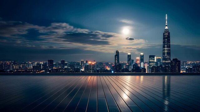 city skyline at night with illuminated waterfront reflections