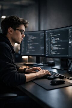 Focused programmer coding at night.