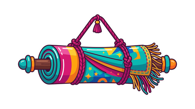 Vibrant illustrated Torah scroll with colorful patterns and decorative tassels.