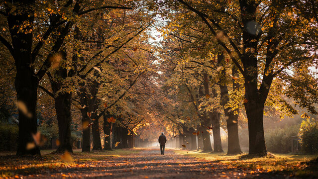 A lone figure walks down a path lined with autumn trees, bathed in the warm glow of sunlight.