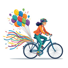 Obraz premium Flat Vector Illustration of Woman Cycling with Colorful Festive Balloons
