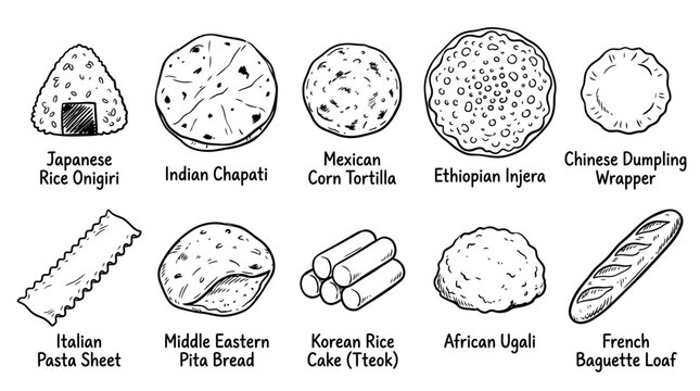 Set of hand drawn global staple foods and traditional breads illustration.