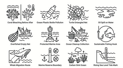 Fototapeta premium Set of environmental and marine conservation line icons illustrating ocean pollution and sustainability.