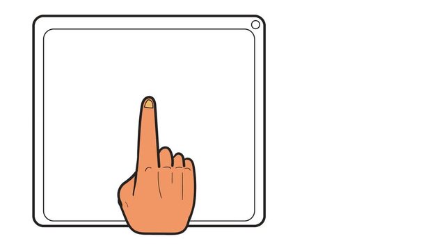A hand with an index finger moves toward the screen and presses. The device responds.