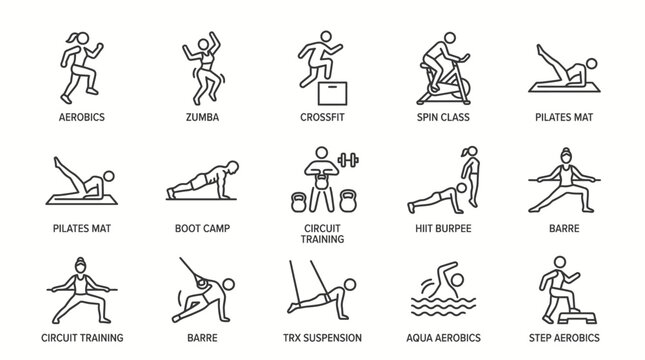 Set of fifteen fitness and workout exercise icons representing various gym activities.