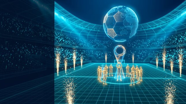 Grand global soccer final atmosphere with holographic stadium and futuristic trophy 3D cgi illustration