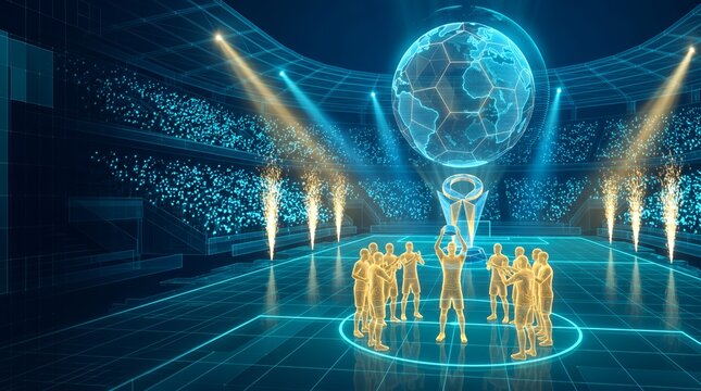 Digital soccer celebration with holographic athletes at a global football championship final 3D scene