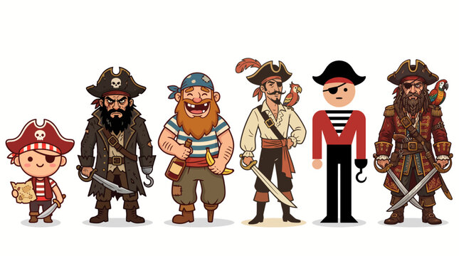 Set of cartoon pirate characters standing together.