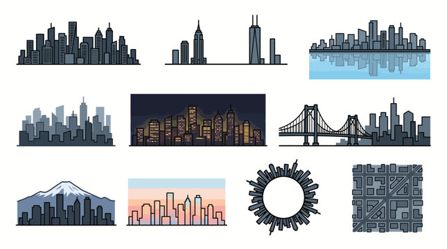 Set of city skylines and urban landscape silhouettes.