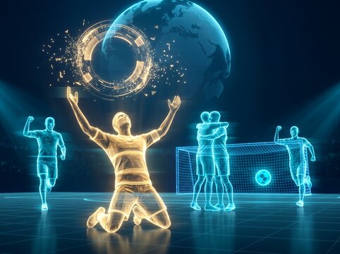 Digital athlete celebrating a winning goal in a futuristic holographic soccer championship 3D illustration