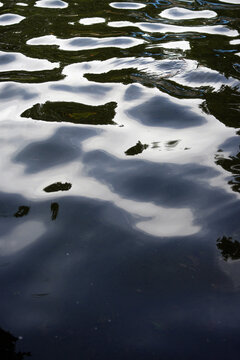 Wavy water surface reflecting bright shapes of light and shadow