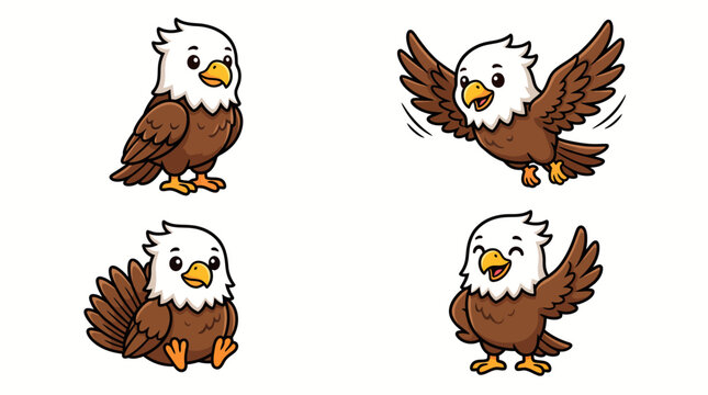 Set of cute cartoon bald eagles with different poses and expressions.