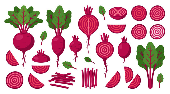 Collection of fresh beets, whole and sliced, with green leaves and roots, isolated on a simple background, vibrant red and green colors, healthy root