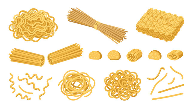 Collection of different pasta shapes and noodle types, isolated elements for food design