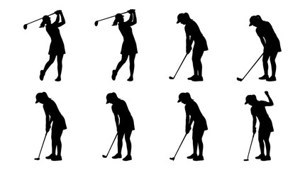 Naklejka premium Collection of female golfer silhouettes in various poses on a white background, showcasing the golf swing and stance