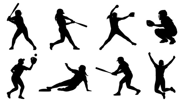 Set of female softball player silhouettes in various action poses, including batting, pitching, catching, and celebrating, isolated on a white