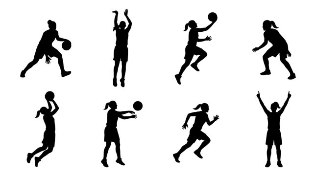 Collection of female basketball player silhouettes in various action poses, dribbling, shooting, and jumping, isolated on a white background