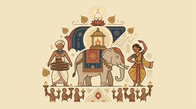 Esala Perahera festival illustration. Traditional Sri Lankan cultural parade vector art.