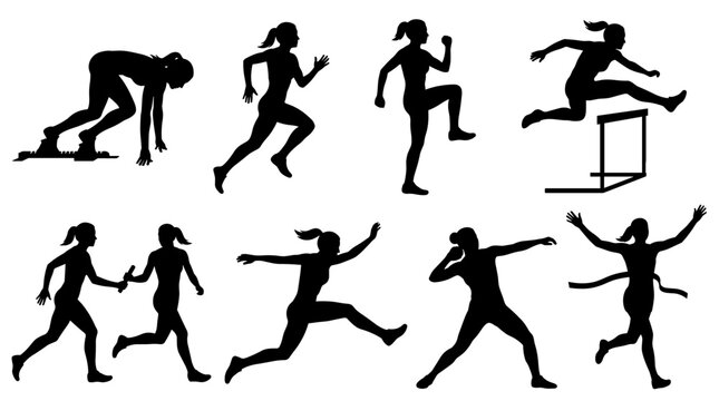 Collection of black silhouettes of female athletes in various track and field poses, including running, jumping, hurdles, and shot put, showcasing