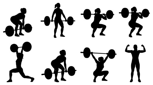 Set of diverse female weightlifting silhouettes performing exercises like deadlift, snatch, clean and jerk, and bicep flex, ideal for fitness and