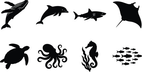 Black silhouette vector set of marine life and ocean animals including whale dolphin shark turtle and octopus © Rokon